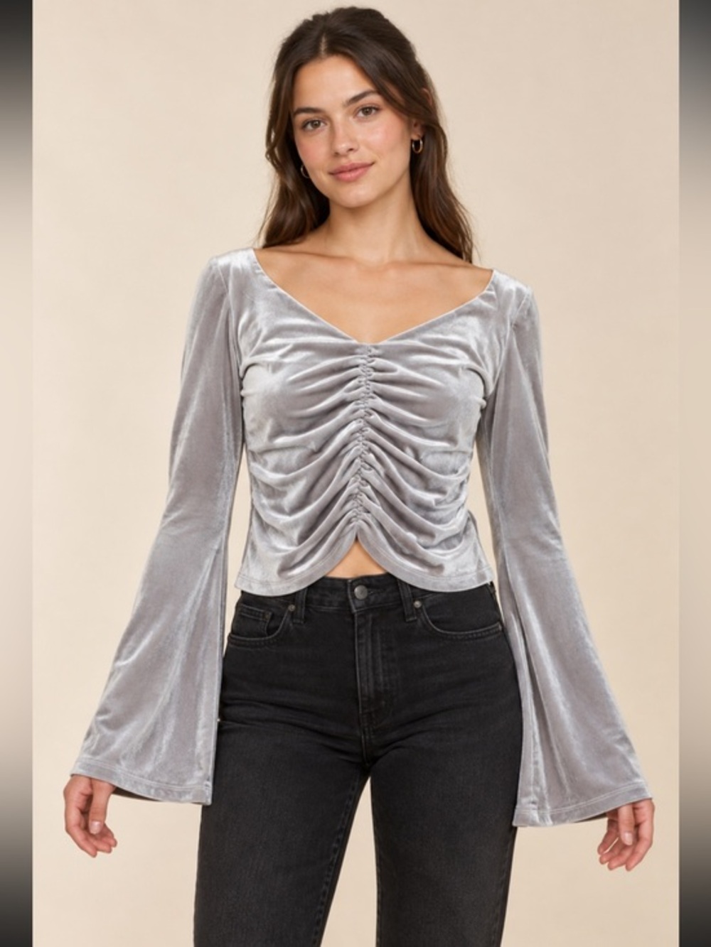 Urban Outfitters Silver Gray Velvet Ruched Bell Sleeve Crop Top Medium